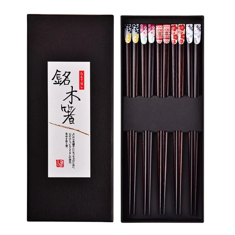 Wood Printed Chopsticks Set – 5 Pairs, Japanese Style Gift Wooden Chopsticks Set Richie's black
