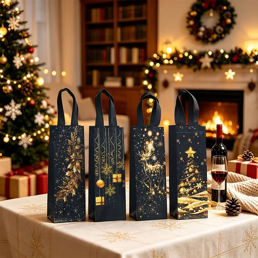 4 Pcs Christmas Wine Gift Bags – Black Gold Foil Bottle Bags Wine Gift Bags Richie's