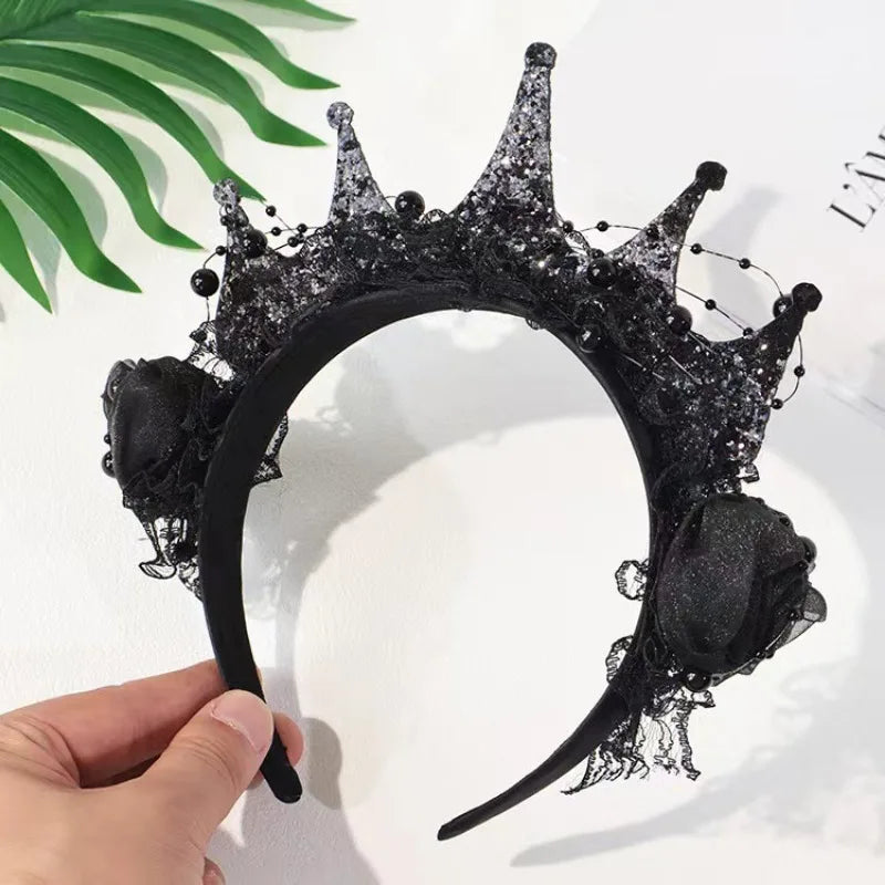 Black Rose Lace Crown Headband – Gothic Halloween Headpiece Costume Hair Accessory Richie's
