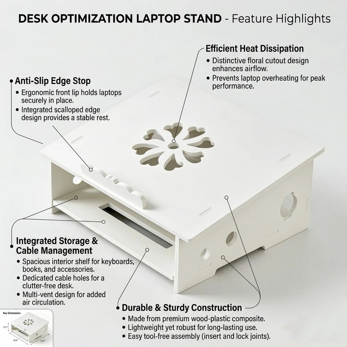 White Laptop Riser with Storage Shelf & Cable Management Laptop Stand Richie's