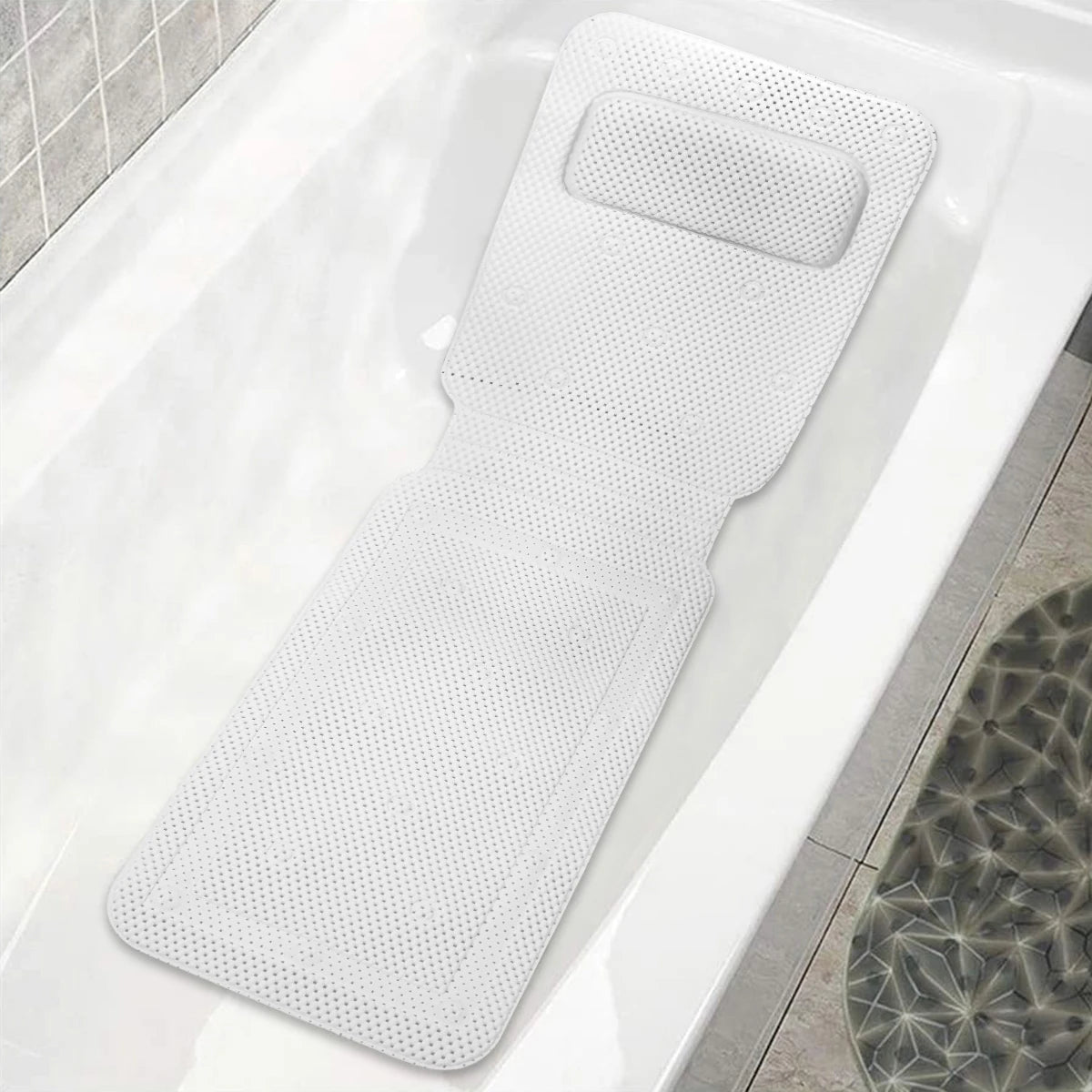 Non-Slip Full Body Bath Mat with Pillow & Suction Cups Bath Cushion Mat Richie's White