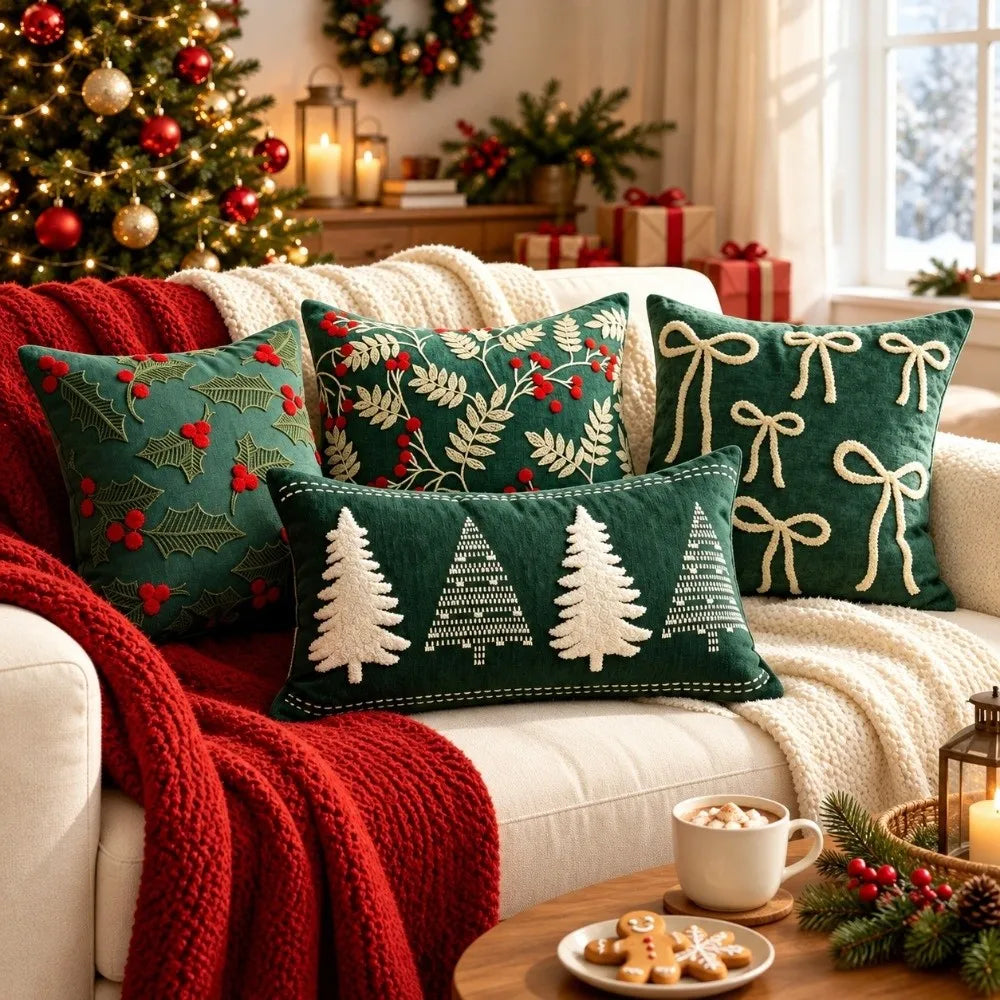 Chenille Christmas Tree Pillow Cover – Embroidered Holiday Cushion Throw Pillow Cover Richie's