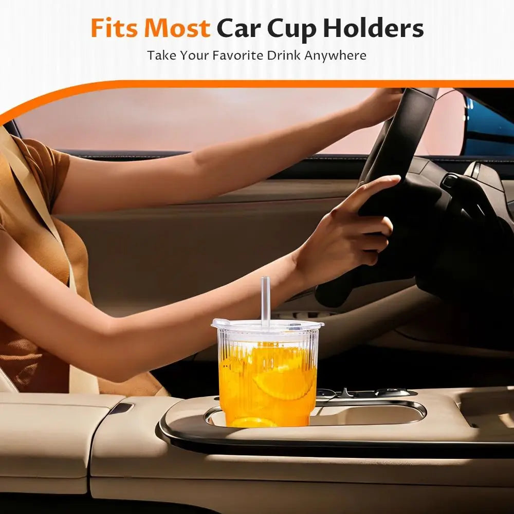 600ml Ribbed Glass Tumbler with Lid & Straw | Reusable Cup Glass Tumbler Set Richie's