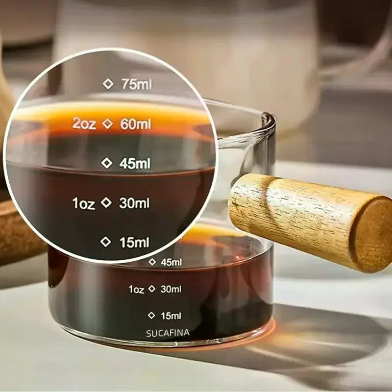 Glass Espresso Measuring Cup with Wood Handle – ML & OZ Espresso Measuring Cup Richie's