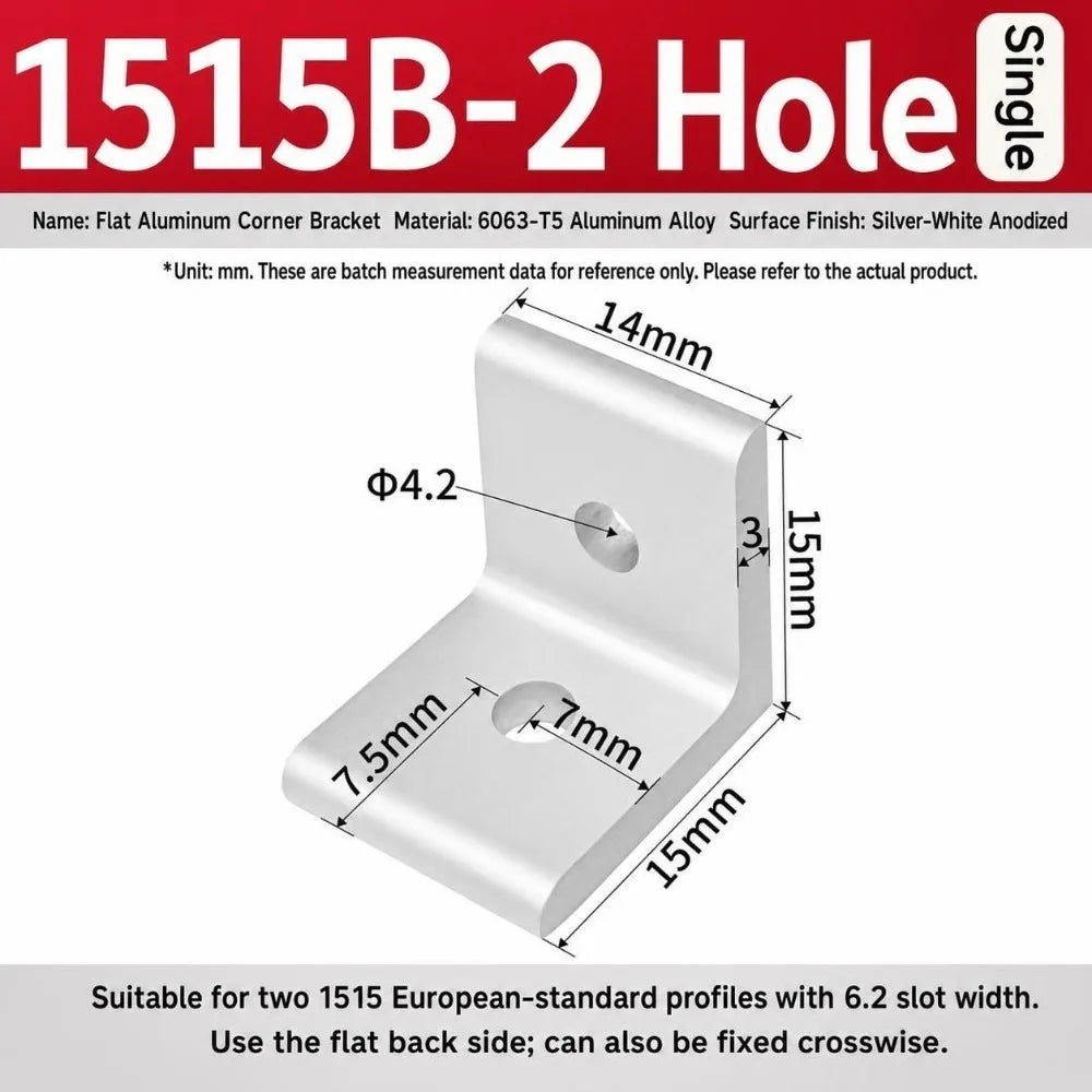 90° Aluminum Angle Bracket Flat Right Angle Frame Joint Connector Aluminum Angle Bracket Richie's 1515B-2Hole Silver