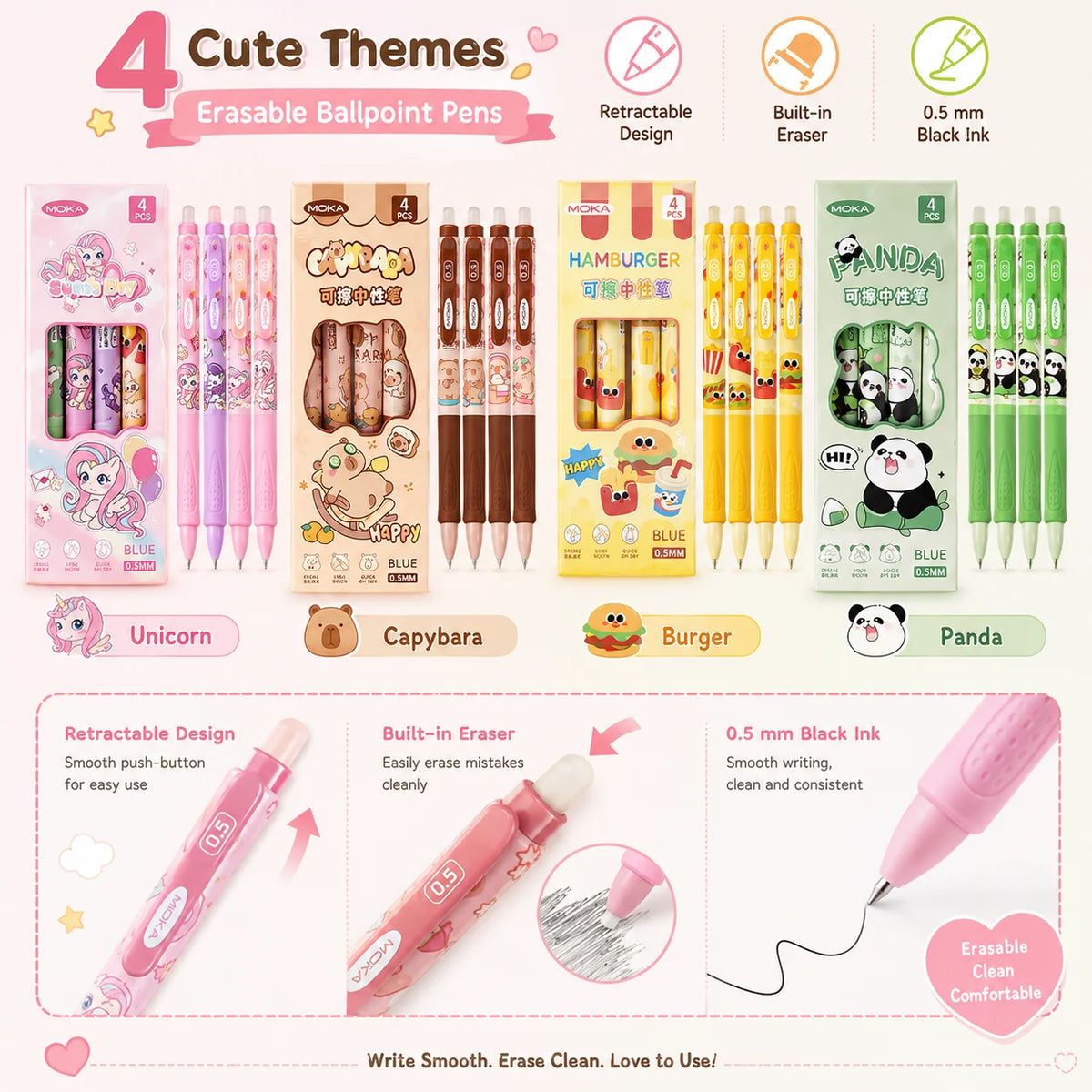 4 Erasable Gel Pens 0.5mm Cartoon Design | School Supplies Erasable Gel Pens Richie's
