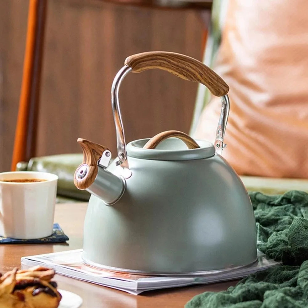 Stainless Steel Whistling Teapot 3L – Wood Handle, Light Green Whistling Tea Kettle Richie's