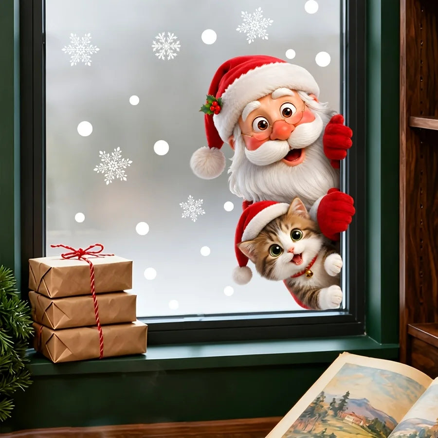 Peeping Santa & Kitten Static Cling Window Sticker | Reusable Xmas Christmas Window Sticker Richie's