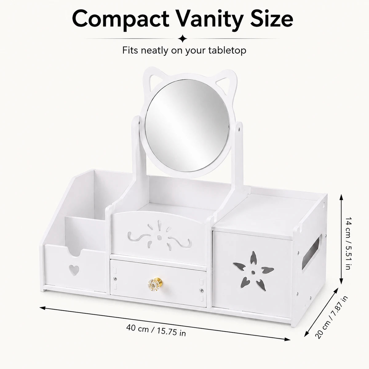 Cat Ear Makeup Organizer with Mirror & Drawers – White Makeup Organizer Richie's