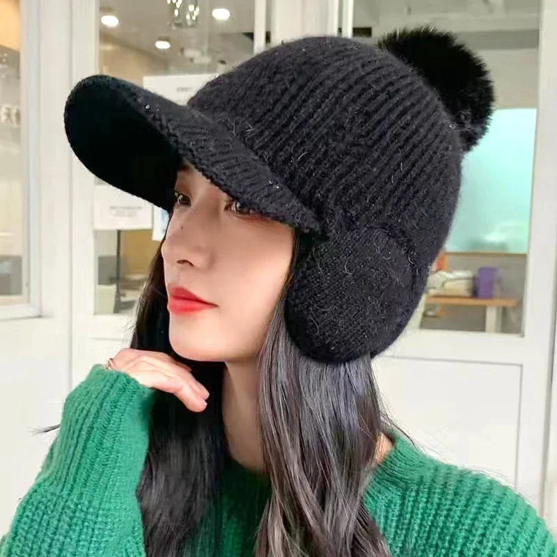 Women's Knitted Earflap Hat with Pompom – Winter Earmuff Cap Winter Knit Hat Richie's 02