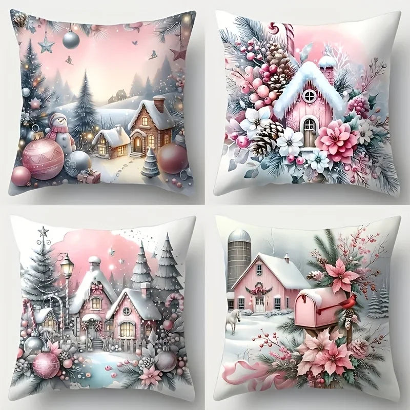 4-Piece Christmas Pillowcase Set – Poinsettia & Snowman 18x18 Decorative Pillowcase Set Richie's 4 Pcs 450mm*450mm