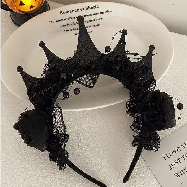 Black Rose Lace Crown Headband – Gothic Halloween Headpiece Costume Hair Accessory Richie's 1pc