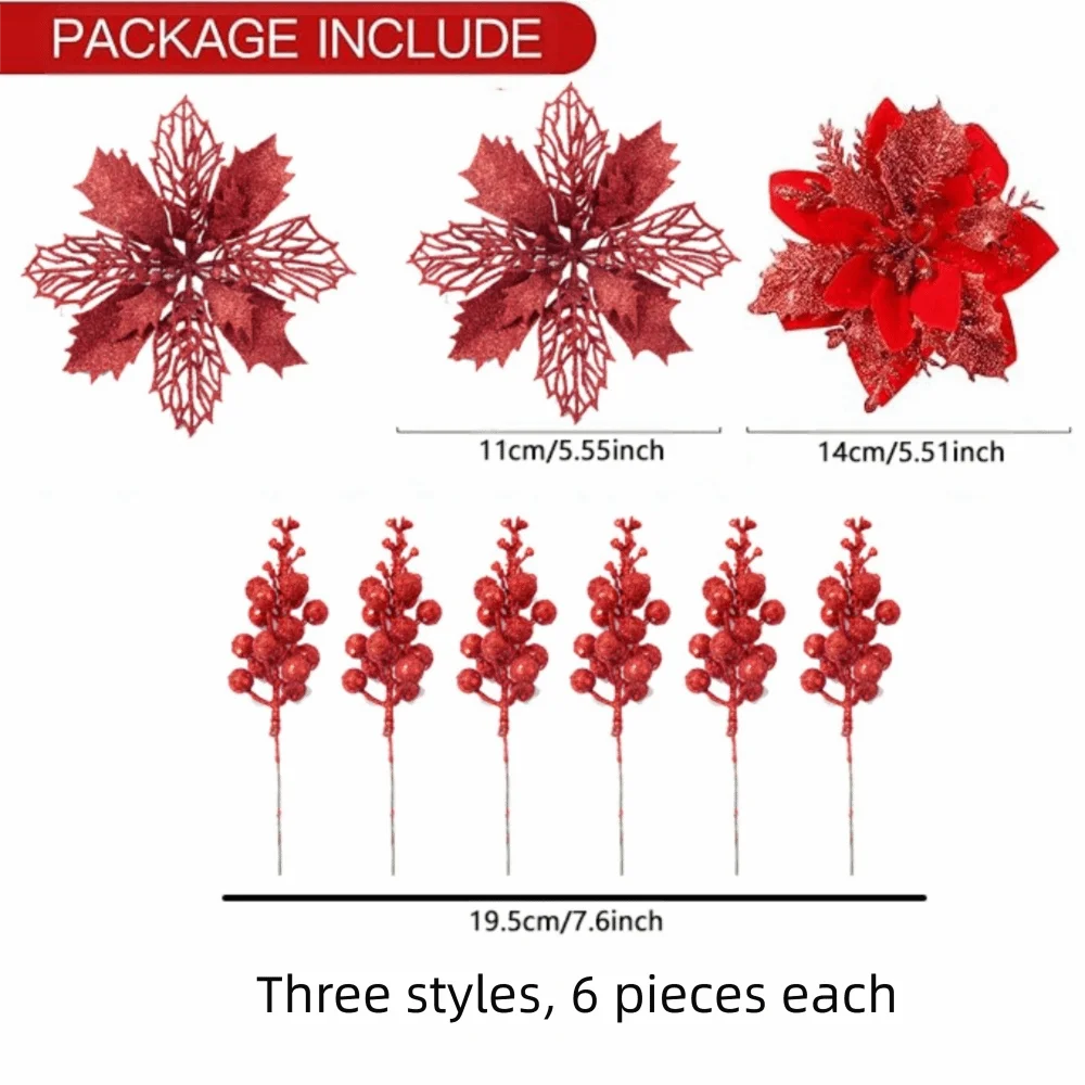 3-Layer Glitter Artificial Christmas Flower Bouquet Set Christmas Flower Bouquet Richie's Red