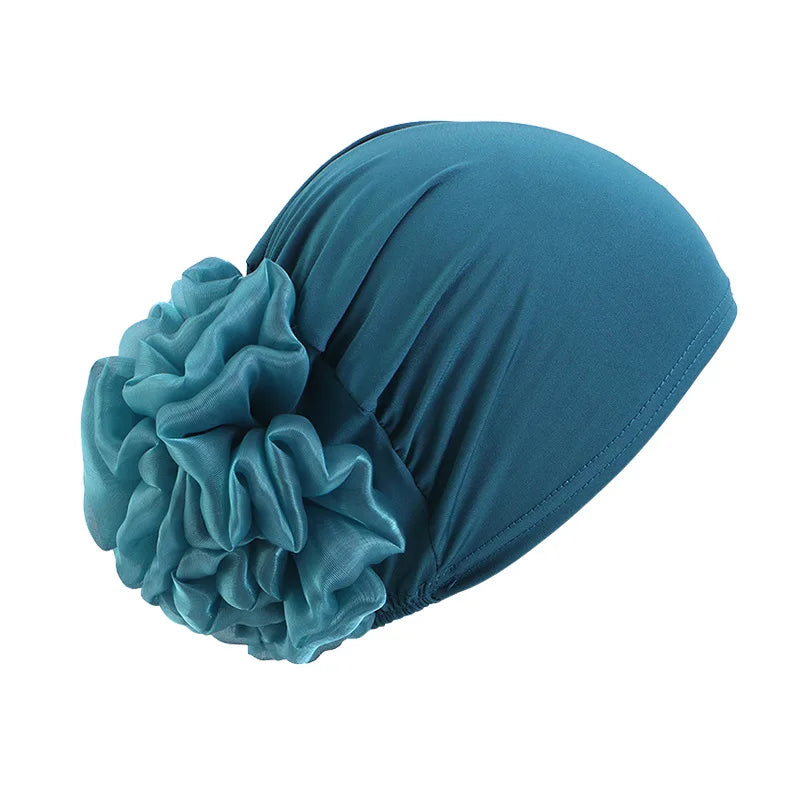 Women's Elastic Turban Cap Flower Hijab Headscarf Beanie Turban Head Wrap Richie's peacock blue