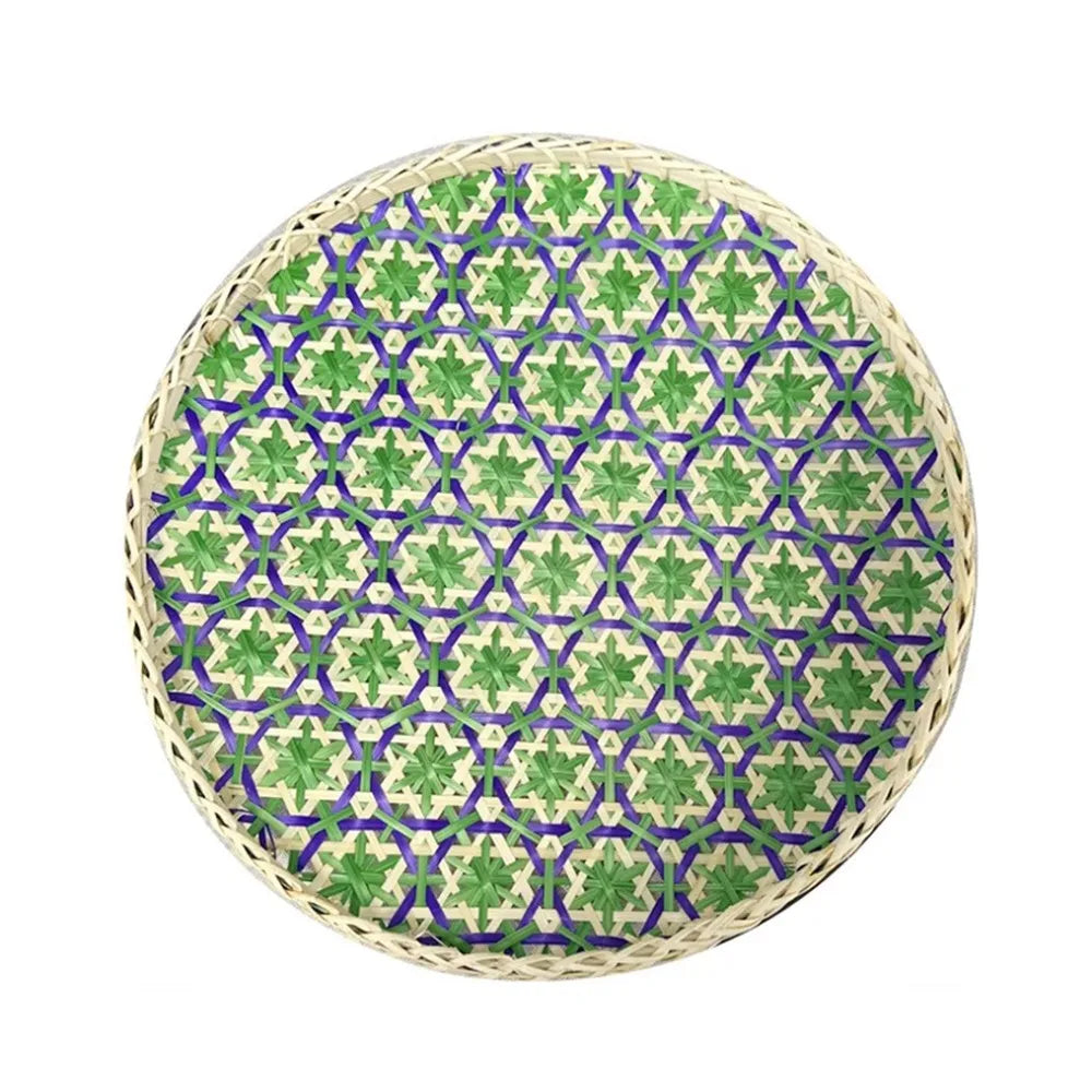 Bohemian Bamboo Woven Fruit Basket – Handwoven Round Tray Bamboo Woven Basket Richie's Green 15cm