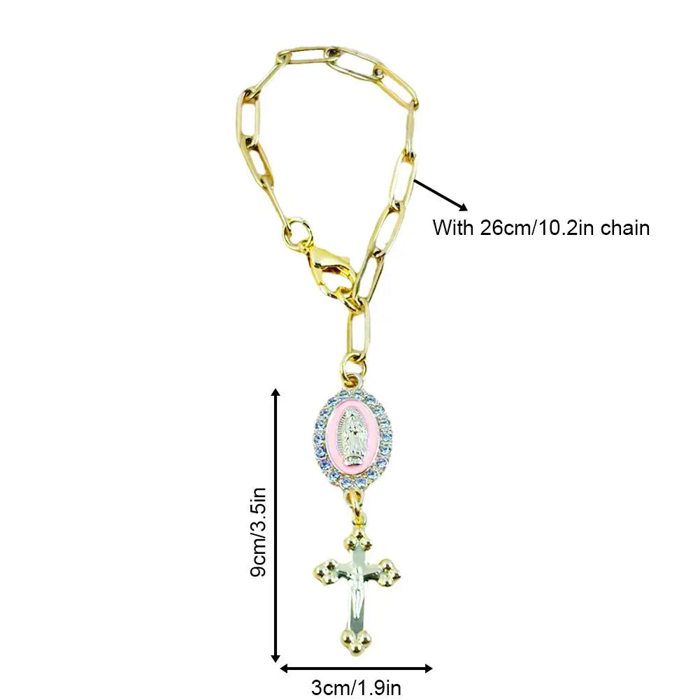 Cross & Virgin of Guadalupe Car Rosary Steering Wheel Chain Car Rosary Ornament Richie's