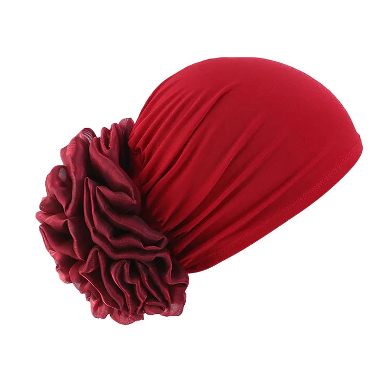 Women's Elastic Turban Cap Flower Hijab Headscarf Beanie Turban Head Wrap Richie's wine red