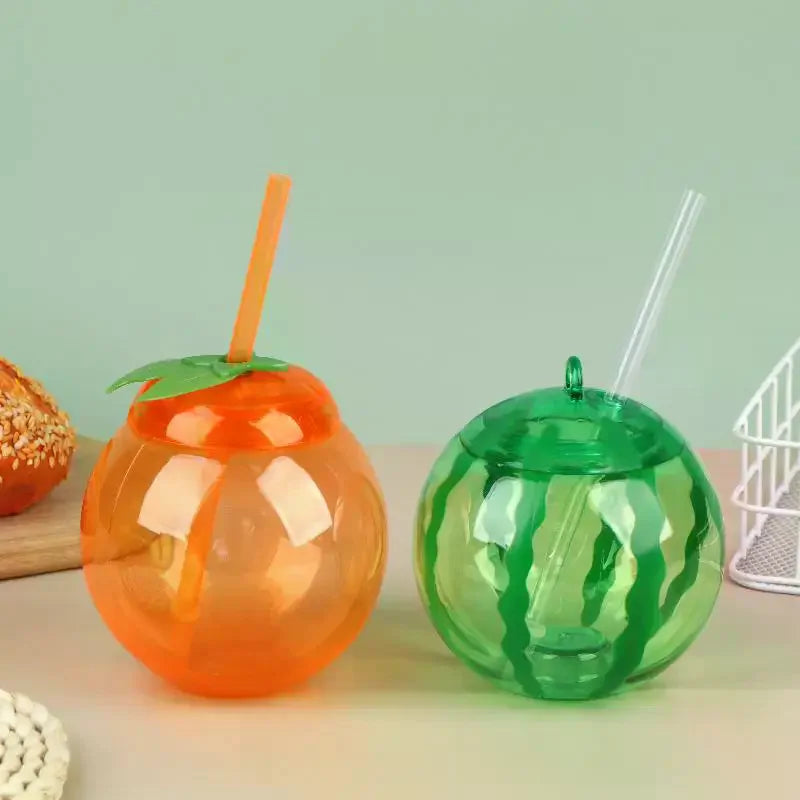 Fruit Shaped Cups with Straw – Orange & Watermelon | 1 or 3 Pack Novelty Drinking Cup Richie's