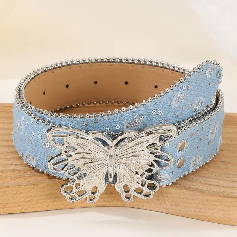 Retro Sequin Punk Waist Belt – Wide Denim & Alloy Buckle Fashion Waist Belt Richie's A2