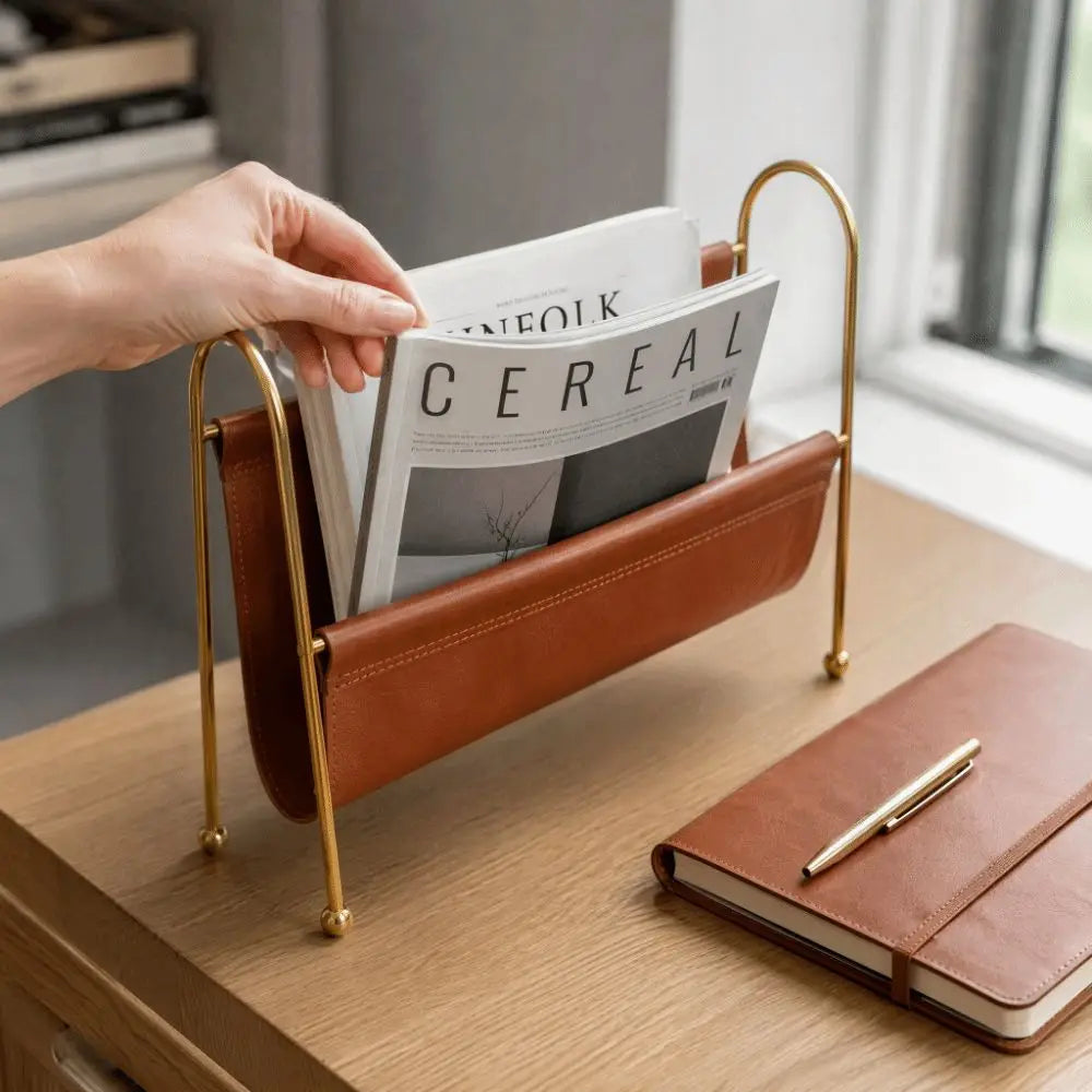 Gold Metal Frame Desktop Organizer with PU Leather | Home & Office Desktop Storage Organizer Richie's