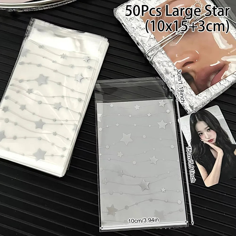 50Pcs Clear Self-Adhesive Photocard Sleeves Star Bowknot Print Card Sleeve Holder Richie's 5x5x5cm Large Star