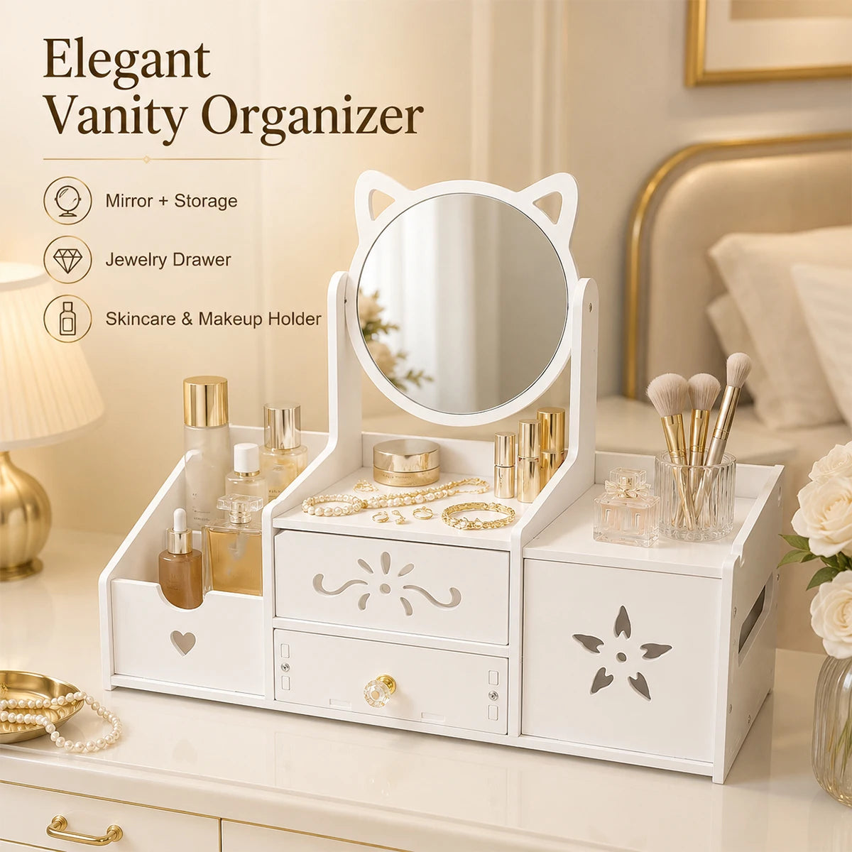 Cat Ear Makeup Organizer with Mirror & Drawers – White Makeup Organizer Richie's Default Title