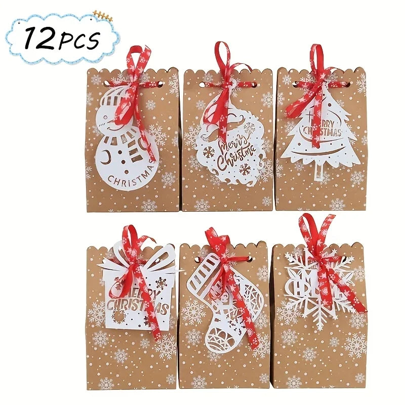 12 Christmas Kraft Paper Gift Bags with Tags & Ribbon Christmas Gift Bags Richie's Mixed 12 Pcs