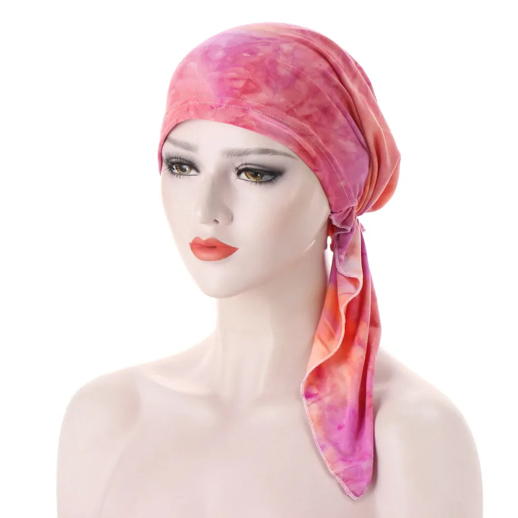 Women's Printed Pre-Tied Turban Cap Hijab Headscarf Bandana Turban Headscarf Cap Richie's dark pink orange