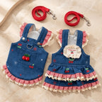 Denim Dog Dress Harness Set with Leash – Cherry Pattern Skirt Dog Dress Harness Richie's