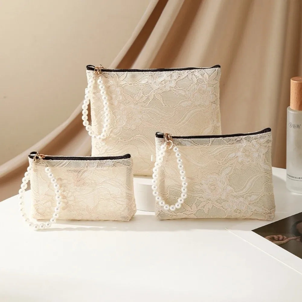 Lace Cosmetic Pouch Pearl Chain Makeup Travel Bag Organizer Cosmetic Travel Pouch Richie's Apricot-S