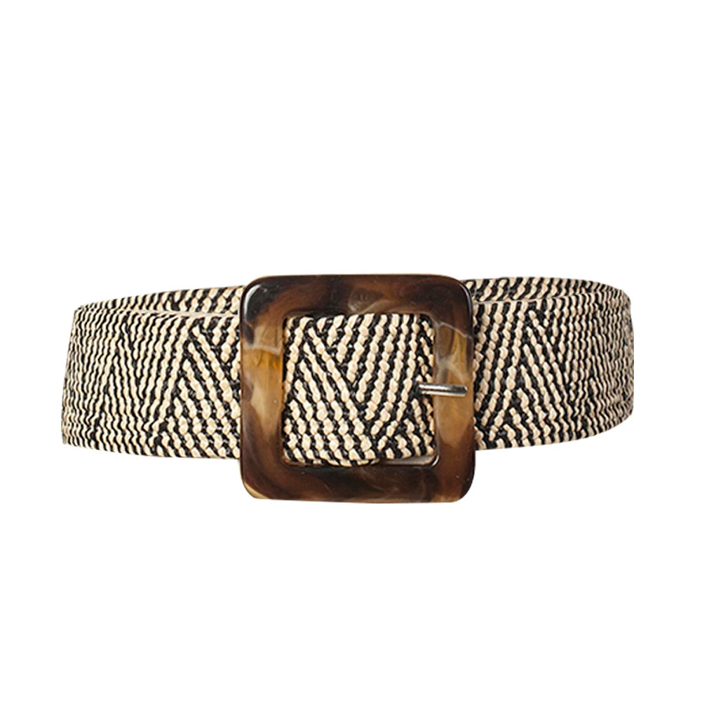 Women's Wide Woven Straw Belt – Elastic Carved Wood Buckle Wide Fashion Belt Richie's Black and White