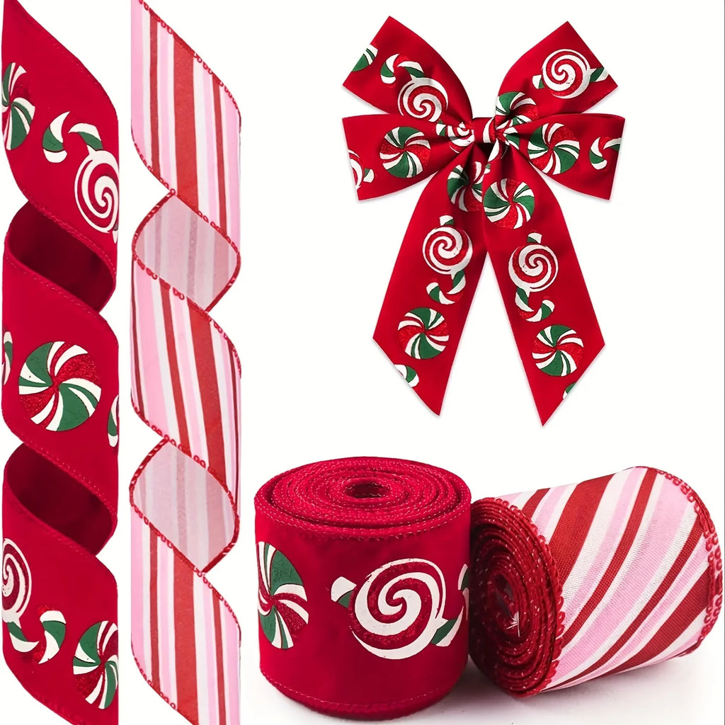 2-Roll Christmas Candy Cane Ribbon – Red & Pink Holiday Bows Holiday Craft Ribbon Richie's