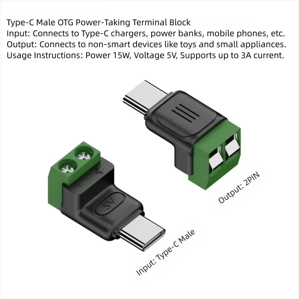 USB Type-C & Micro 2-Pin Screw Terminal Solderless Adapter 5V USB Terminal Adapter Richie's 1PCS C-Male Power-Taking