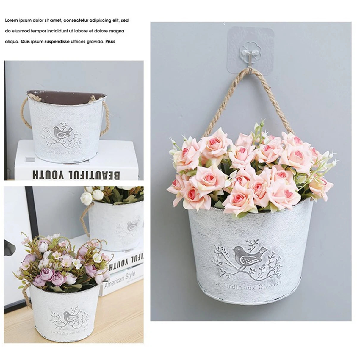 Vintage Bird Pattern Metal Wall Planter with Rope Handle Wall Planter Richie's Default Title