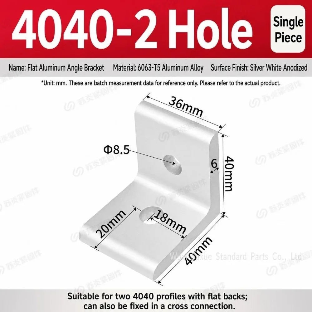 90° Aluminum Angle Bracket Flat Right Angle Frame Joint Connector Aluminum Angle Bracket Richie's 4040-2Hole Silver