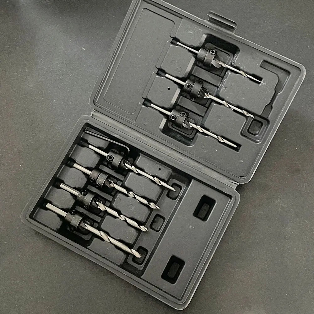 7-Pc Tapered Countersink Drill Bit Set with Stop Collars | HSS Countersink Drill Set Richie's plastic box