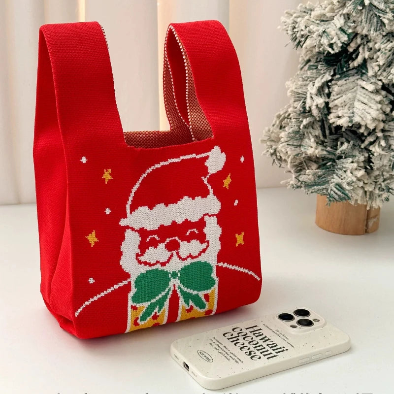 Christmas Knitted Spandex Tote Bag – Santa & Tree Gift Bag Holiday Gift Tote Bag Richie's C 1pc 20X35 CM