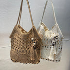 Women's Cotton Woven Shoulder Tote Bag – Wooden Bead Tassel Woven Shoulder Tote Richie's