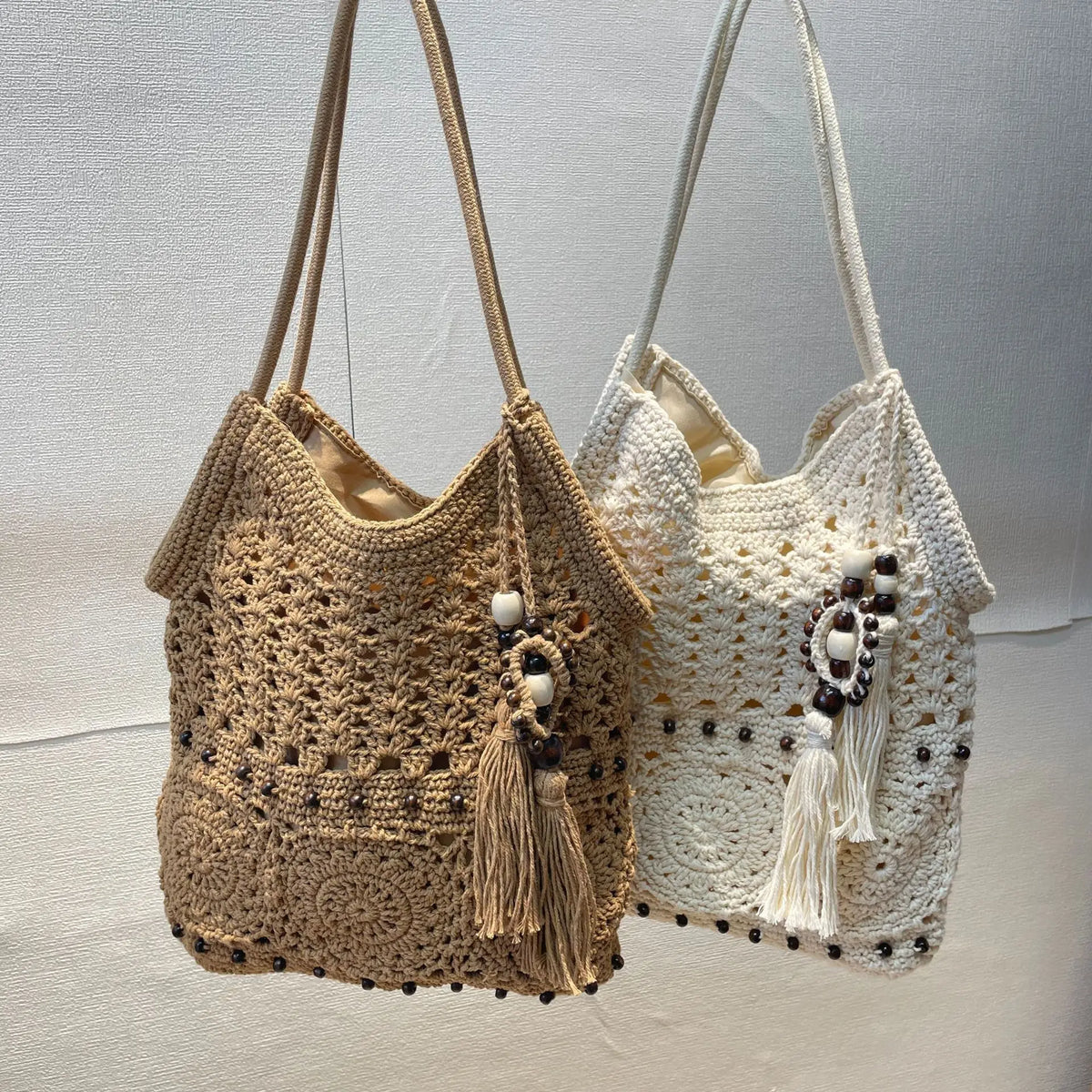 Women's Cotton Woven Shoulder Tote Bag – Wooden Bead Tassel Woven Shoulder Tote Richie's