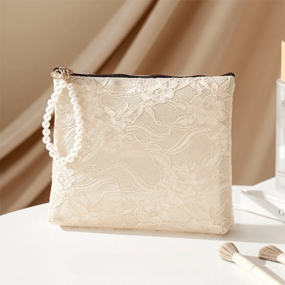 Lace Cosmetic Pouch Pearl Chain Makeup Travel Bag Organizer Cosmetic Travel Pouch Richie's Apricot-L