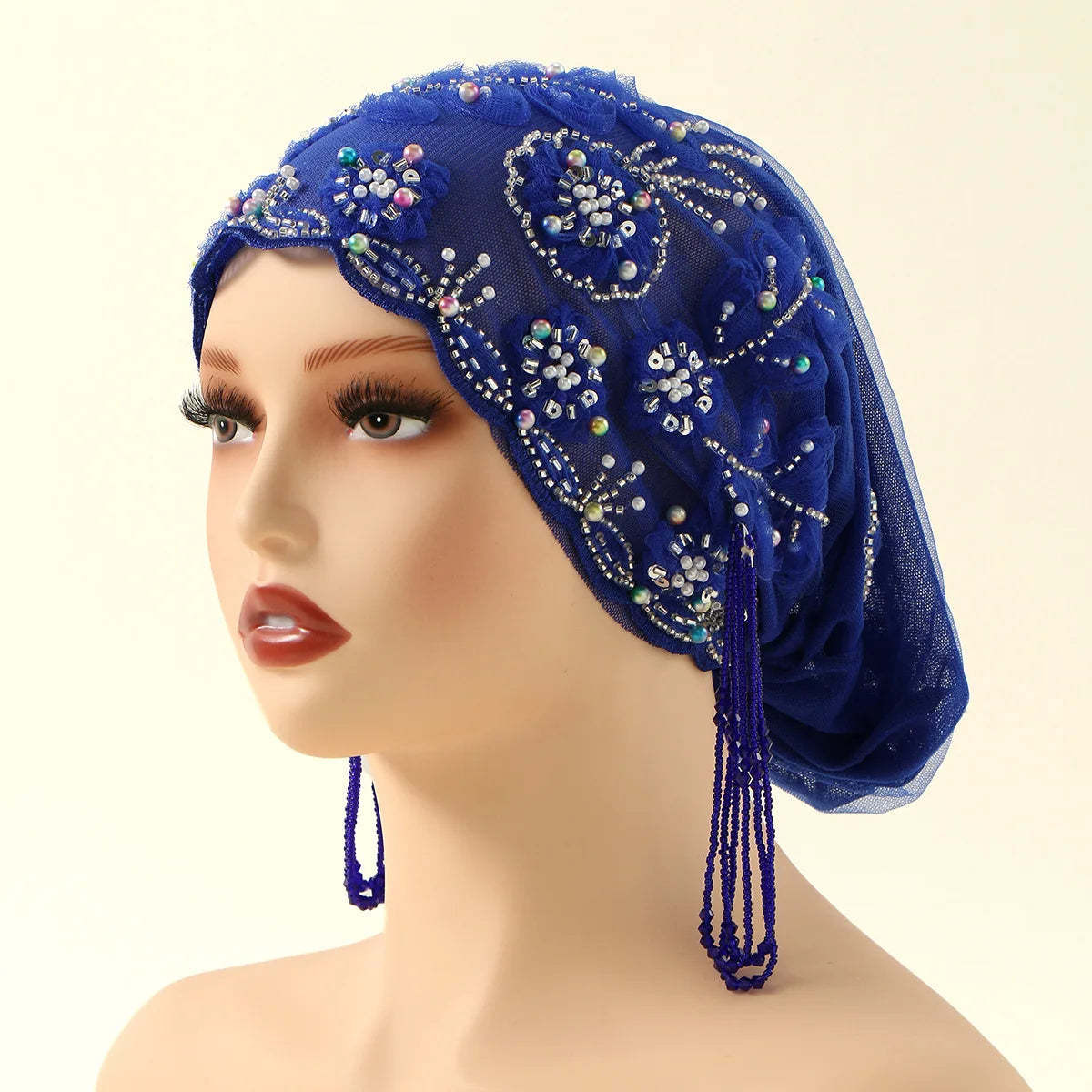 Muslim Pearl Lace Inner Cap – Elastic Islamic Headwear for Women Islamic Inner Cap Richie's 4 blue silver