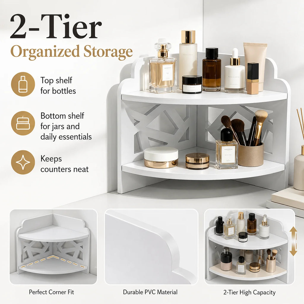 2-Tier White Corner Shelf – Bathroom Countertop Organizer Corner Storage Shelf Richie's