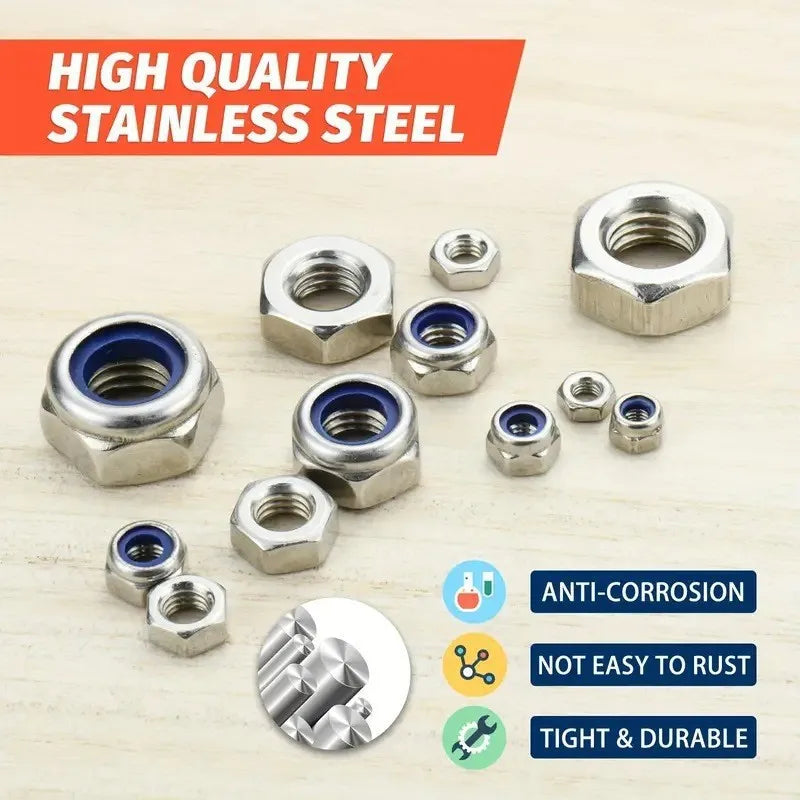 175Pcs Stainless Steel Lock & Hex Nut Kit M3 M4 M5 M6 M8 M10 Nut Fastener Kit Richie's