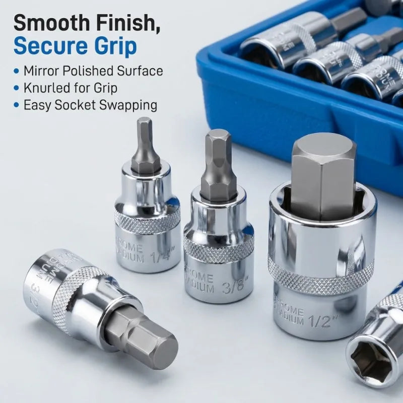 13pc Allen Key Hex Bit Socket Set 1/4" 3/8" 1/2" Drive CRV Steel Socket Wrench Set Richie's