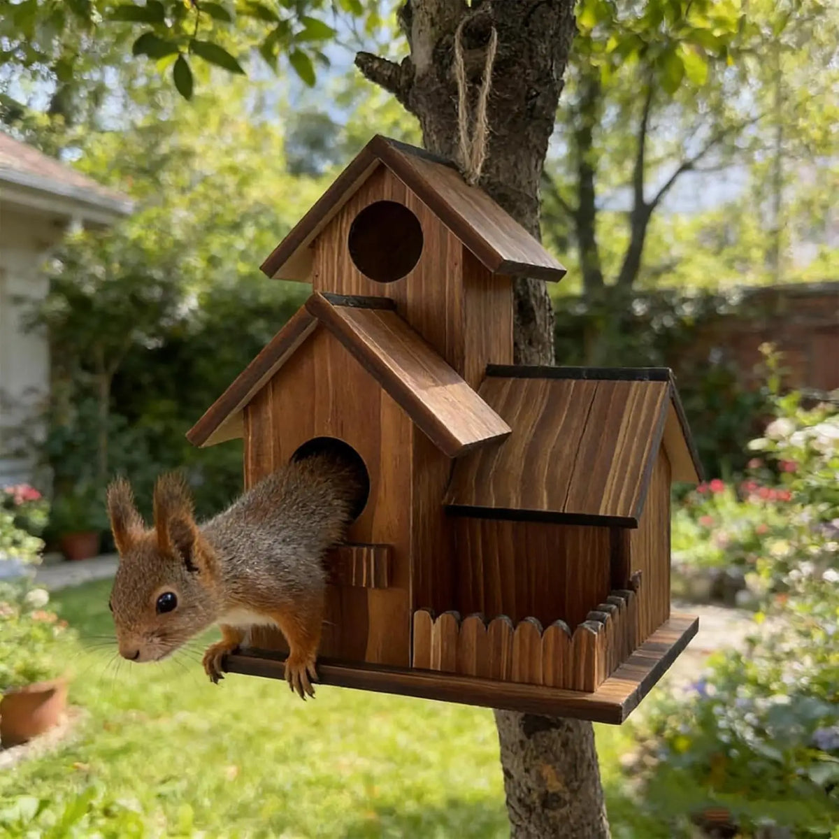 Wooden Squirrel Feeder Outdoor 3-Room Design & Flexible Roof Squirrel Feeder Richie's