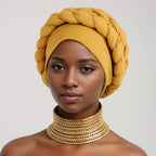 Double Braid Halo Turban Cap – African Headwrap for Women Turban Headwrap Richie's dark yellow