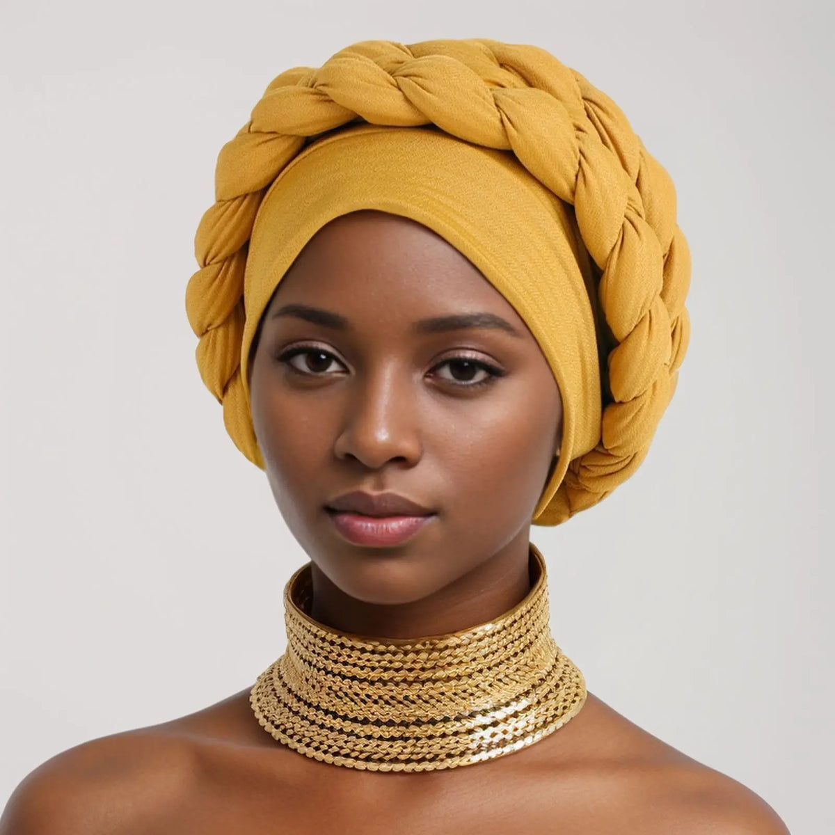 Double Braid Halo Turban Cap – African Headwrap for Women Turban Headwrap Richie's dark yellow