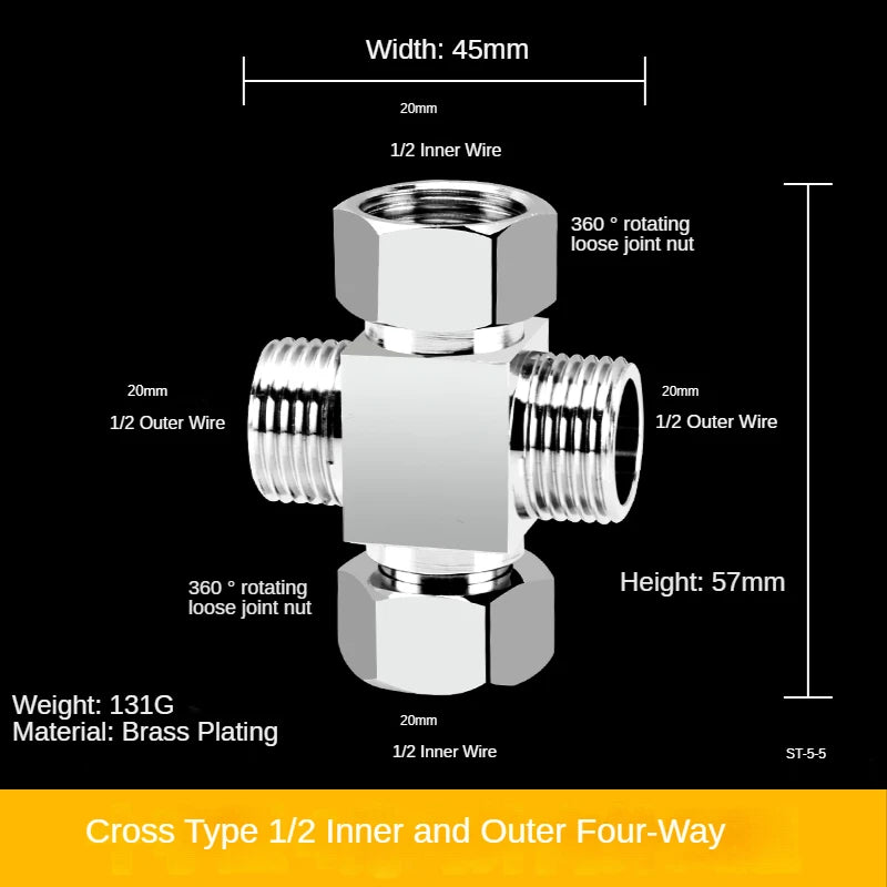 1/2" All-Brass Three-Way Faucet Splitter | 1-In-2-Out Fitting Brass Pipe Fitting Richie's 16