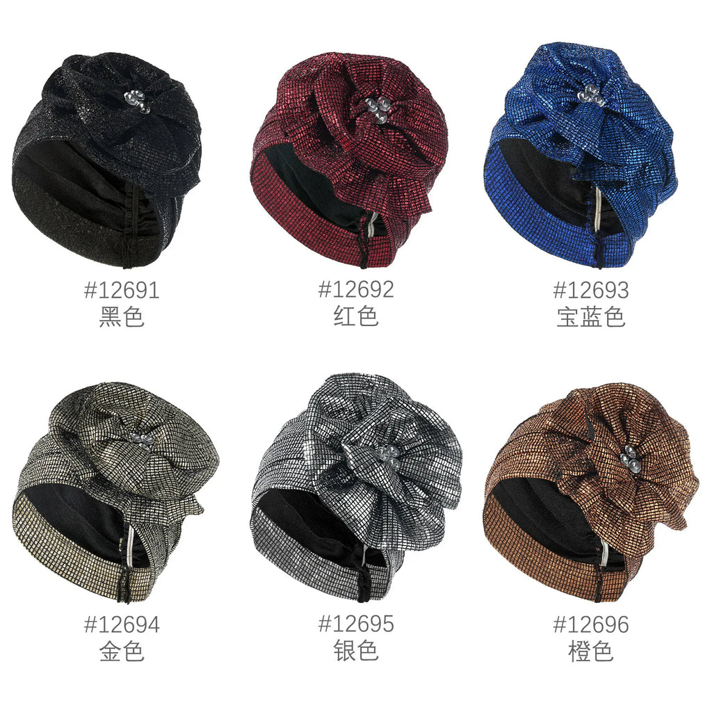Women Glitter Turban Hat Rhinestone Flower Hijab Bonnet Cap Turban Hat Richie's
