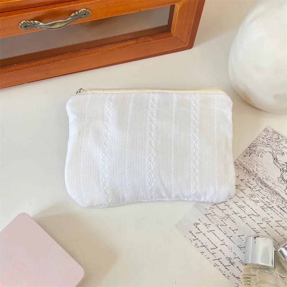 Stripe Mini Cosmetic Pouch – Cute Makeup & Coin Organizer Bag Cosmetic Organizer Pouch Richie's White